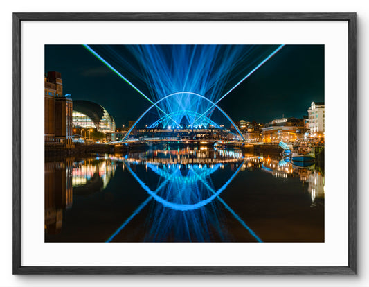 Newcastle Quayside - Laser Light City Show - New Years Eve - Newcastle - Gateshead shown as a framed photographic print.