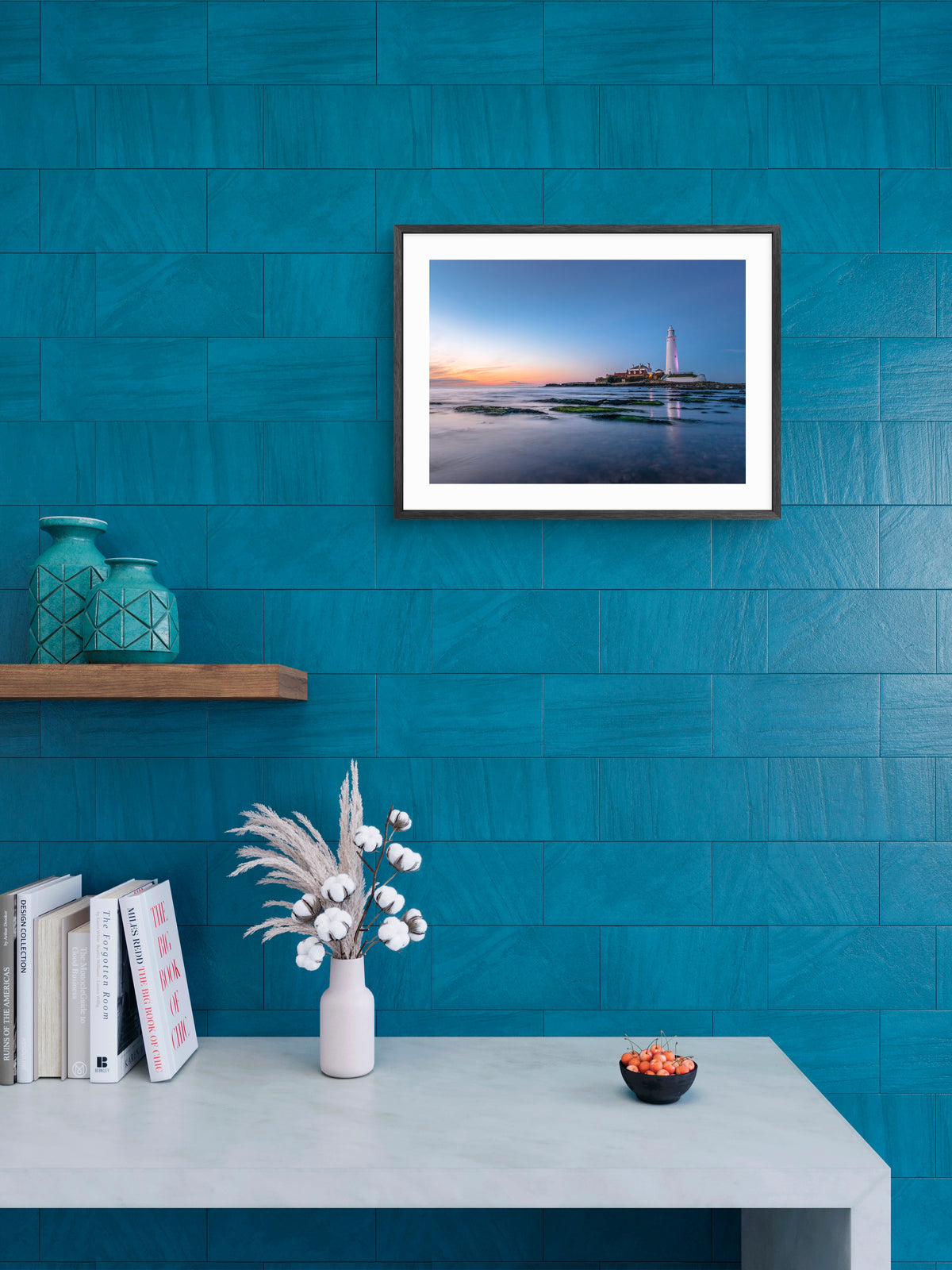 St Mary's Lighthouse - Sunset Sky - Whitley Bay wall art displayed in a styled room setting.