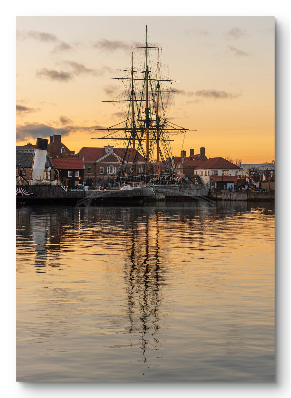 HMS Trincomalee - Sunset - Royal Quay - Hartlepool shown as a canvas print.