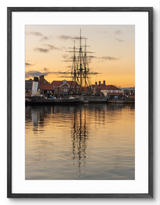 HMS Trincomalee - Sunset - Royal Quay - Hartlepool shown as a framed photographic print.