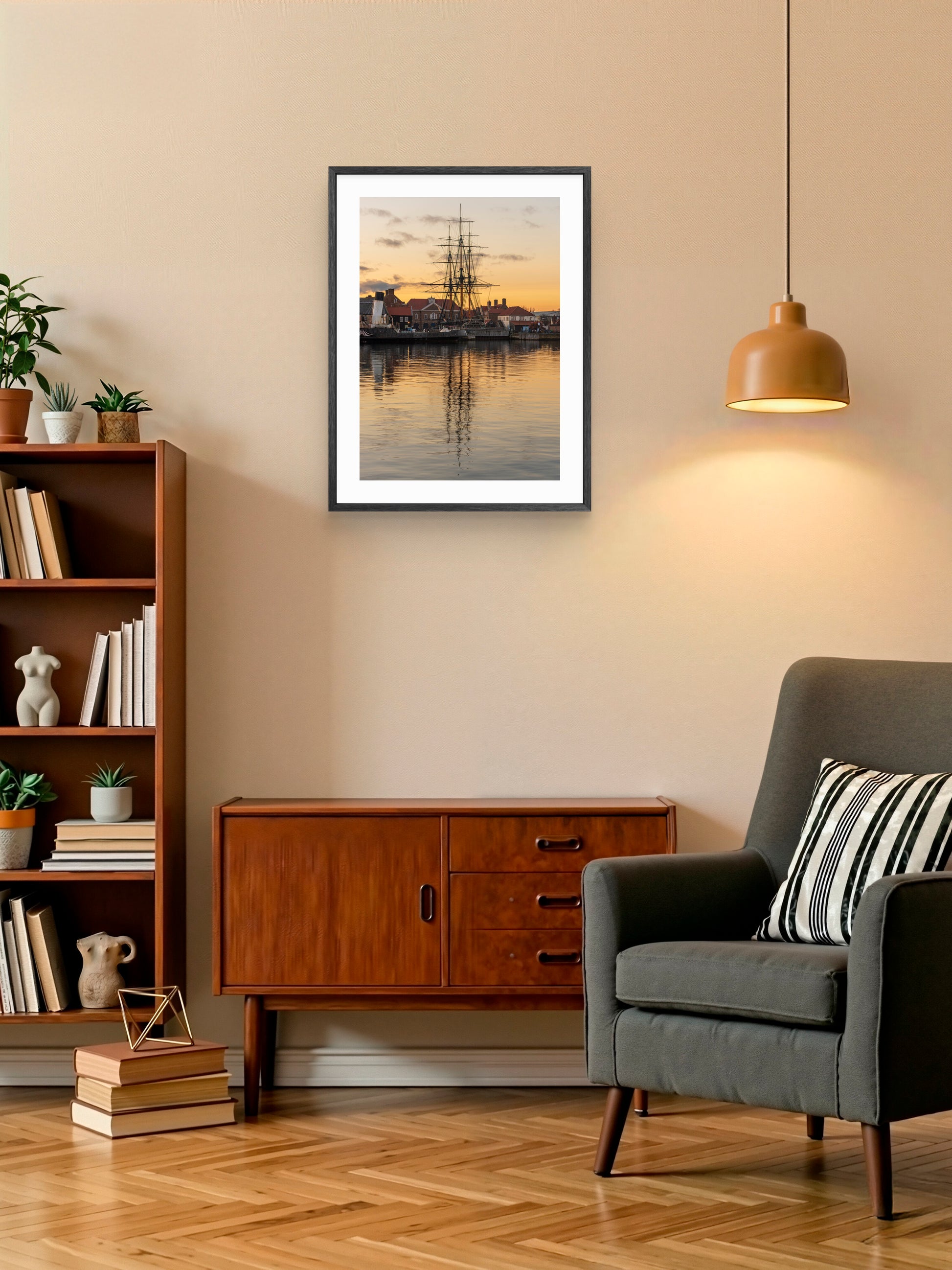 HMS Trincomalee - Sunset - Royal Quay - Hartlepool wall art displayed in a styled room setting.