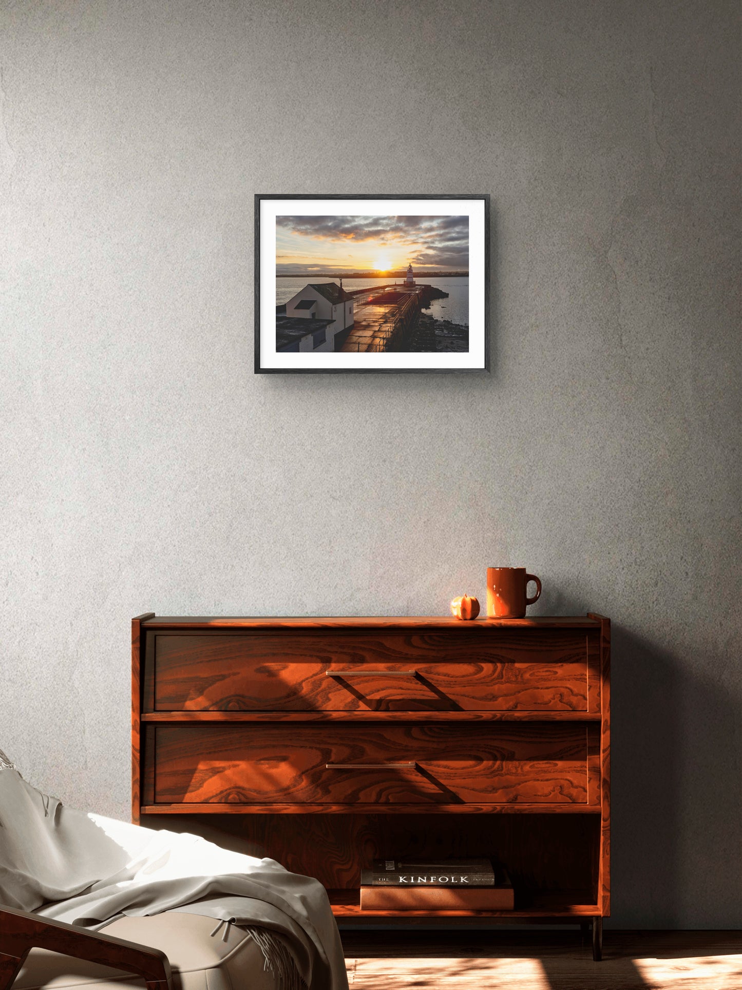Pilot Pier - Sunset - The Headland - Hartlepool wall art displayed in a styled room setting.