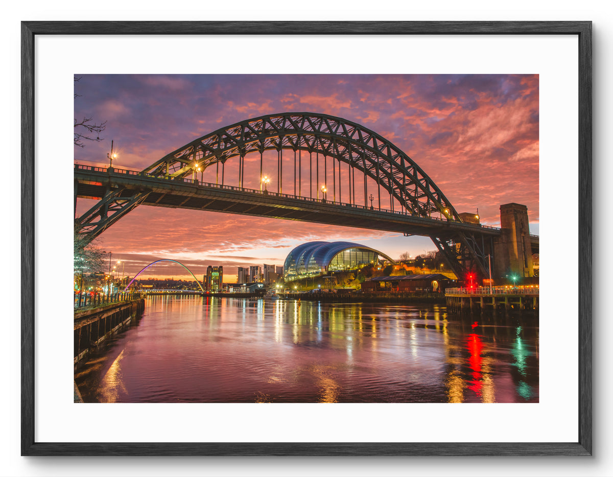 Tyne Bridge Sunrise Print – Newcastle Gateshead Quayside shown as a framed photographic print.