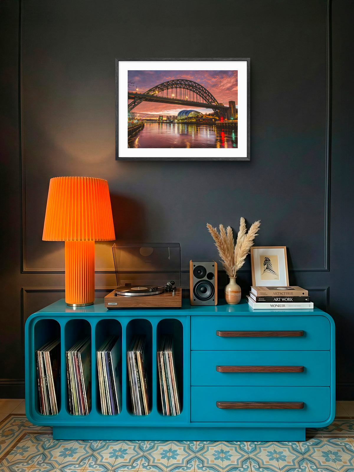 Tyne Bridge Sunrise Print – Newcastle Gateshead Quayside wall art displayed in a styled room setting.