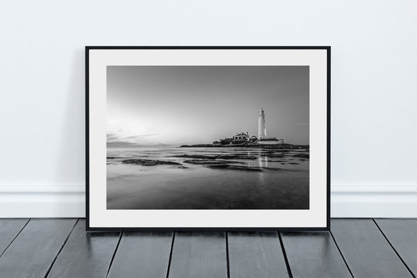 Black and White St Mary's Lighthouse at Sunset, Whitley Bay, North Tyneside