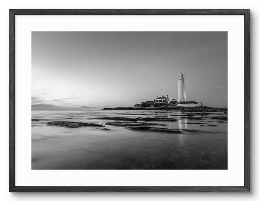 St Mary's Lighthouse - Black and White - North East Captures shown as a framed photographic print.