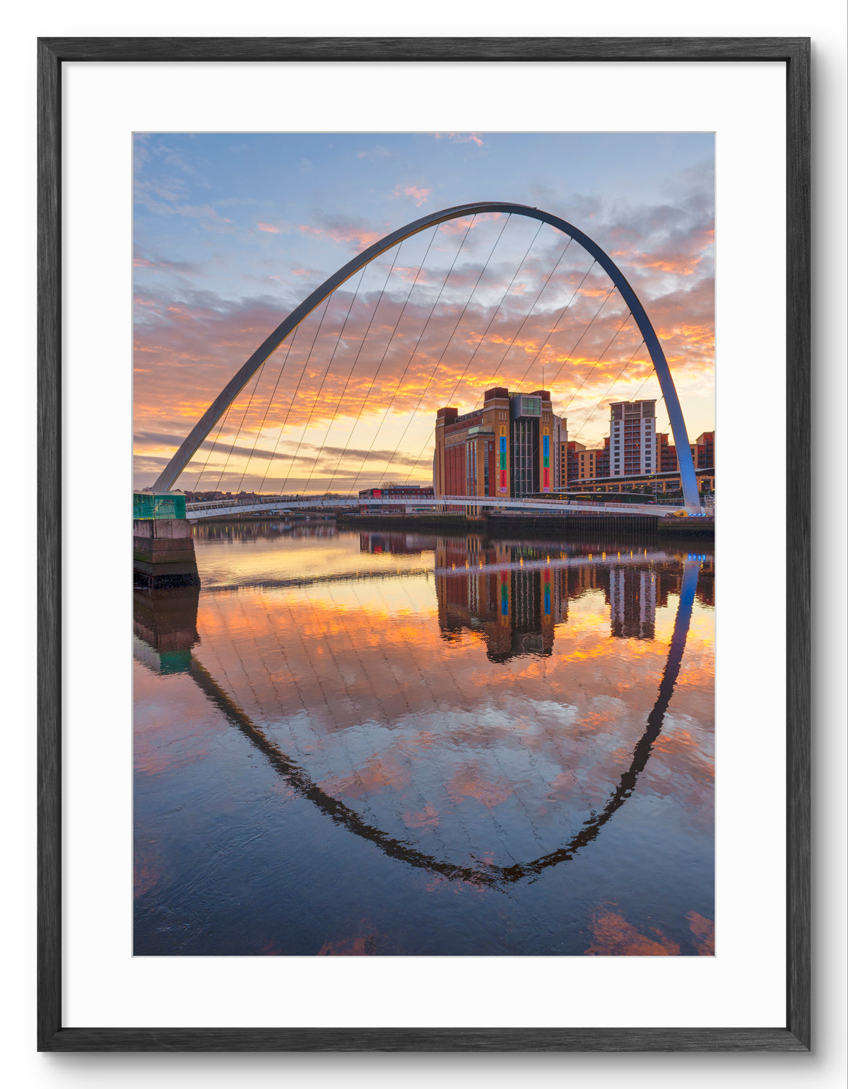 Millennium Bridge Gateshead - Sunrise River Reflections - Gateshead shown as a framed photographic print.