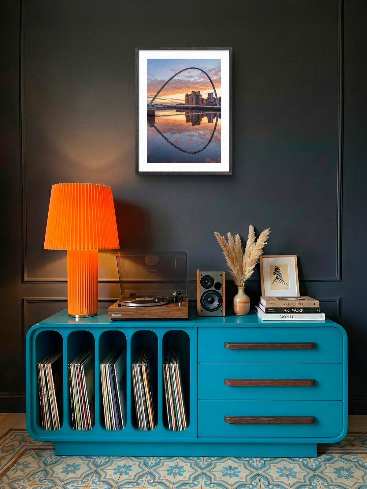 Millennium Bridge Gateshead - Sunrise River Reflections - Gateshead wall art displayed in a styled room setting.