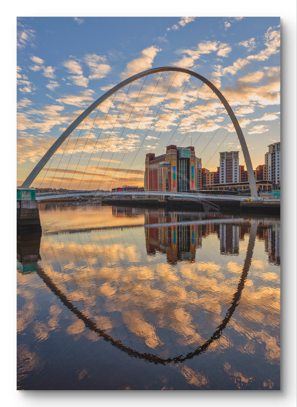 Millennium Bridge Gateshead - Sunrise Reflecting on The River Tyne - Print shown as a canvas print.