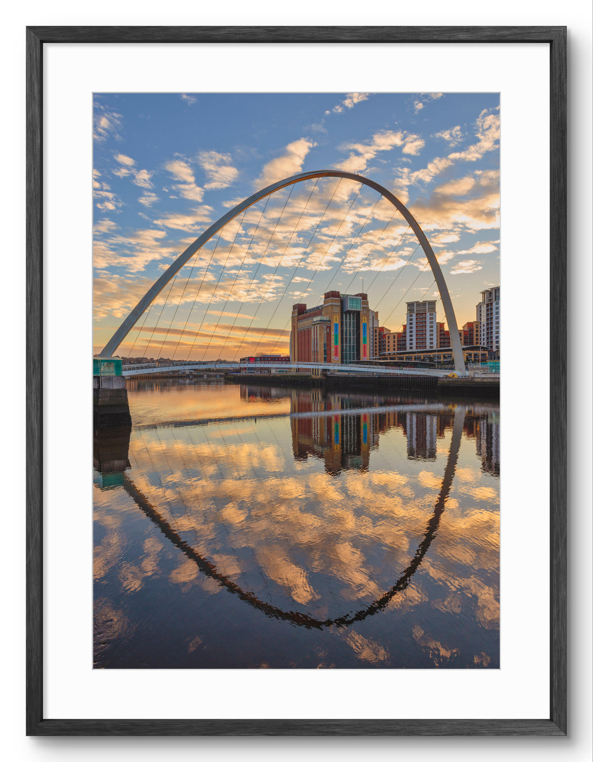 Millennium Bridge Gateshead - Sunrise Reflecting on The River Tyne - Print shown as a framed photographic print.