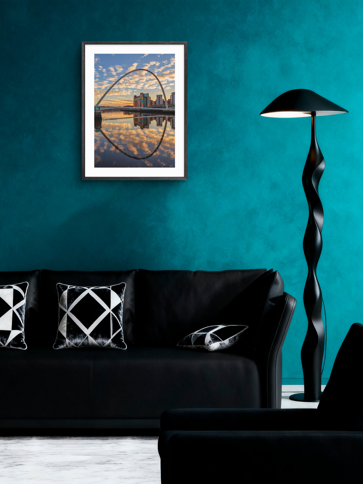 Millennium Bridge Gateshead - Sunrise Reflecting on The River Tyne - Print wall art displayed in a styled room setting.