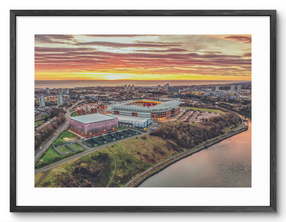 Stadium of Light - Sunrise - Sunderland - Home to Sunderland Football Club shown as a framed photographic print.