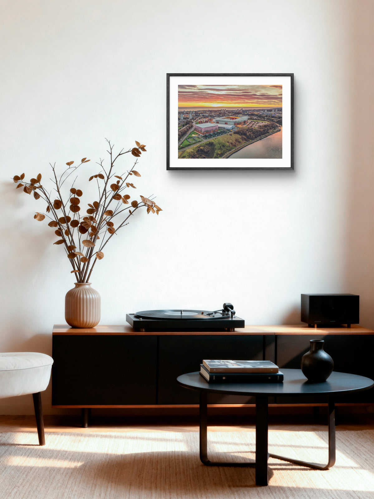 Stadium of Light - Sunrise - Sunderland - Home to Sunderland Football Club wall art displayed in a styled room setting.