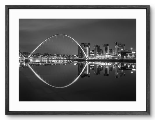 Millennium Bridge Gateshead At Night - Black and White - Gateshead shown as a framed photographic print.
