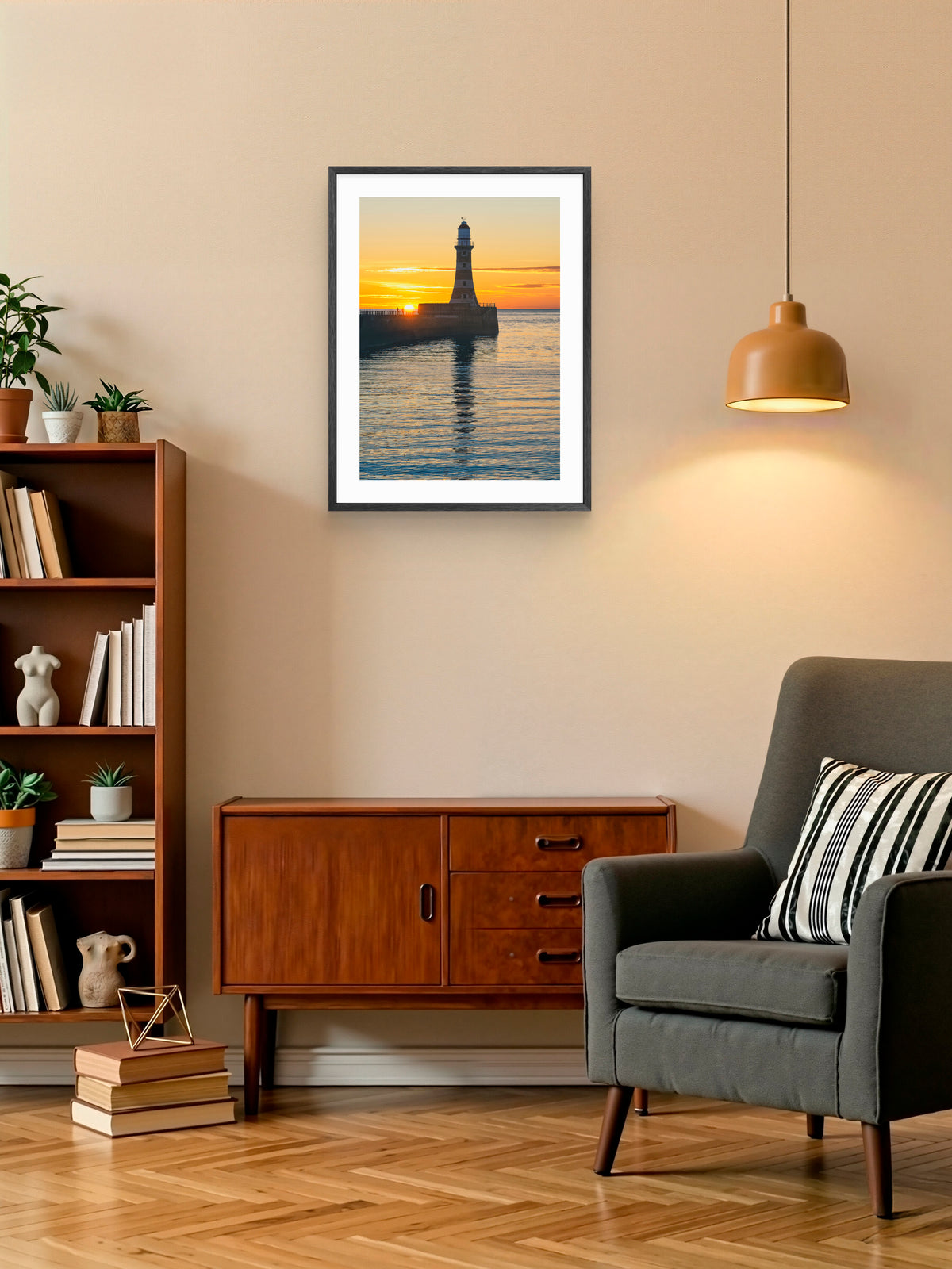 Roker Pier and Lighthouse - Sunrise - Sunderland wall art displayed in a styled room setting.