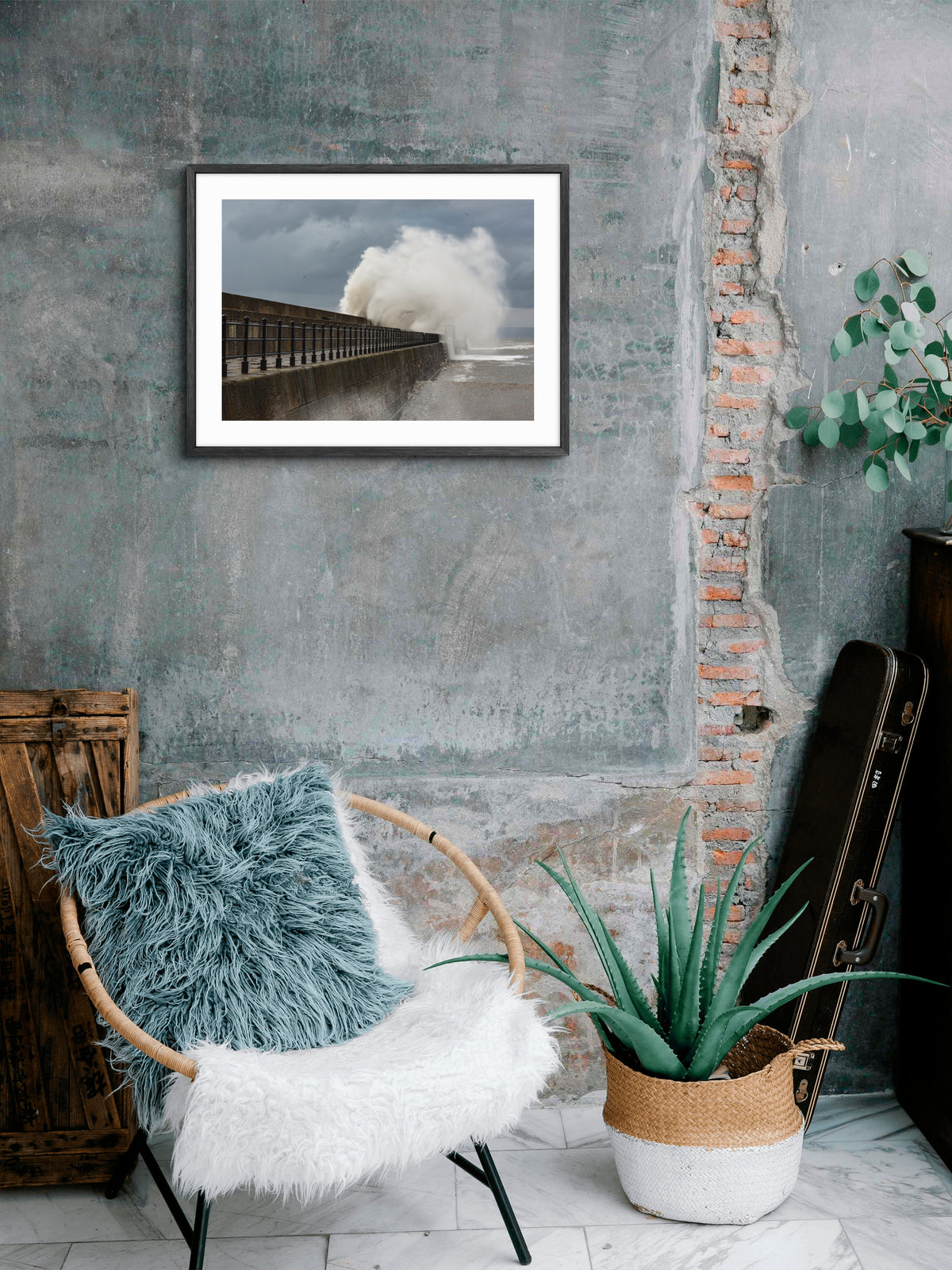 Heugh Breakwater Pier - Crashing Waves - Hartlepool wall art displayed in a styled room setting.