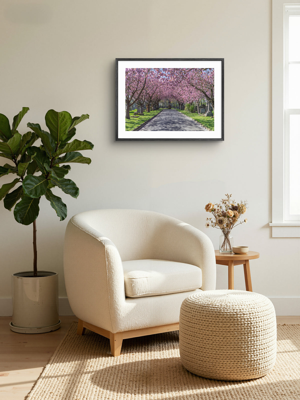 Cherry blossom in Sunderland Cemetery wall art displayed in a styled room setting.