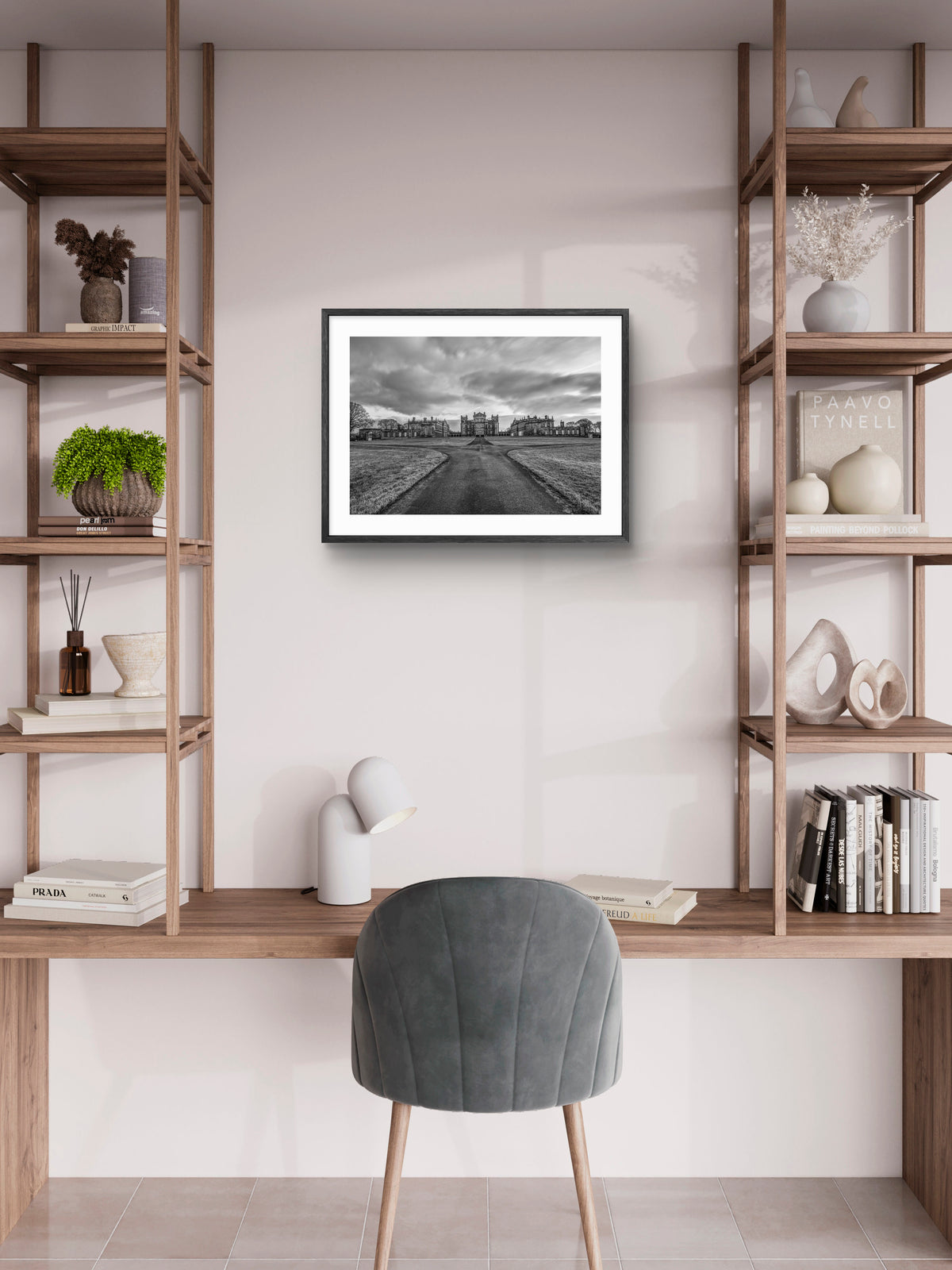Seaton Delaval Hall - Seaton Delaval - Black and White - Northumberland wall art displayed in a styled room setting.