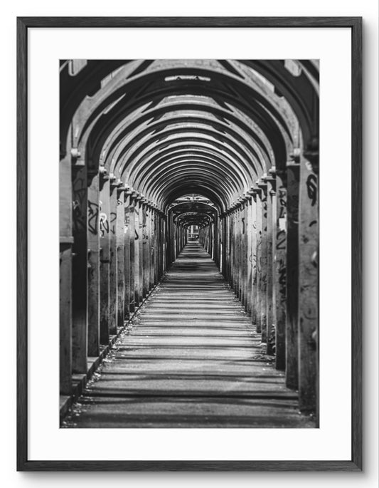 High Level Bridge Walkway Arches - Newcastle - Gateshead - Black and White shown as a framed photographic print.