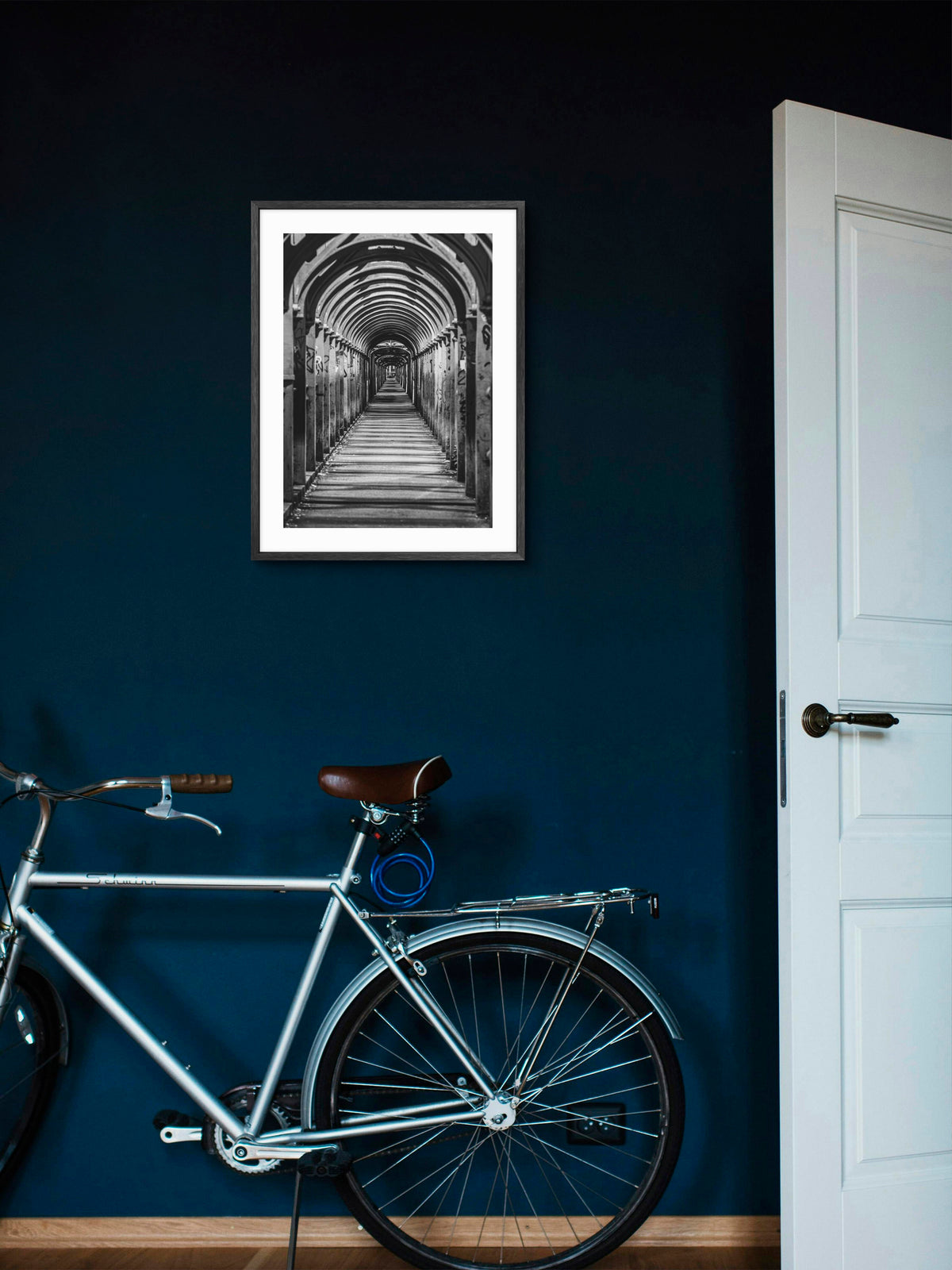 High Level Bridge Walkway Arches - Newcastle - Gateshead - Black and White wall art displayed in a styled room setting.