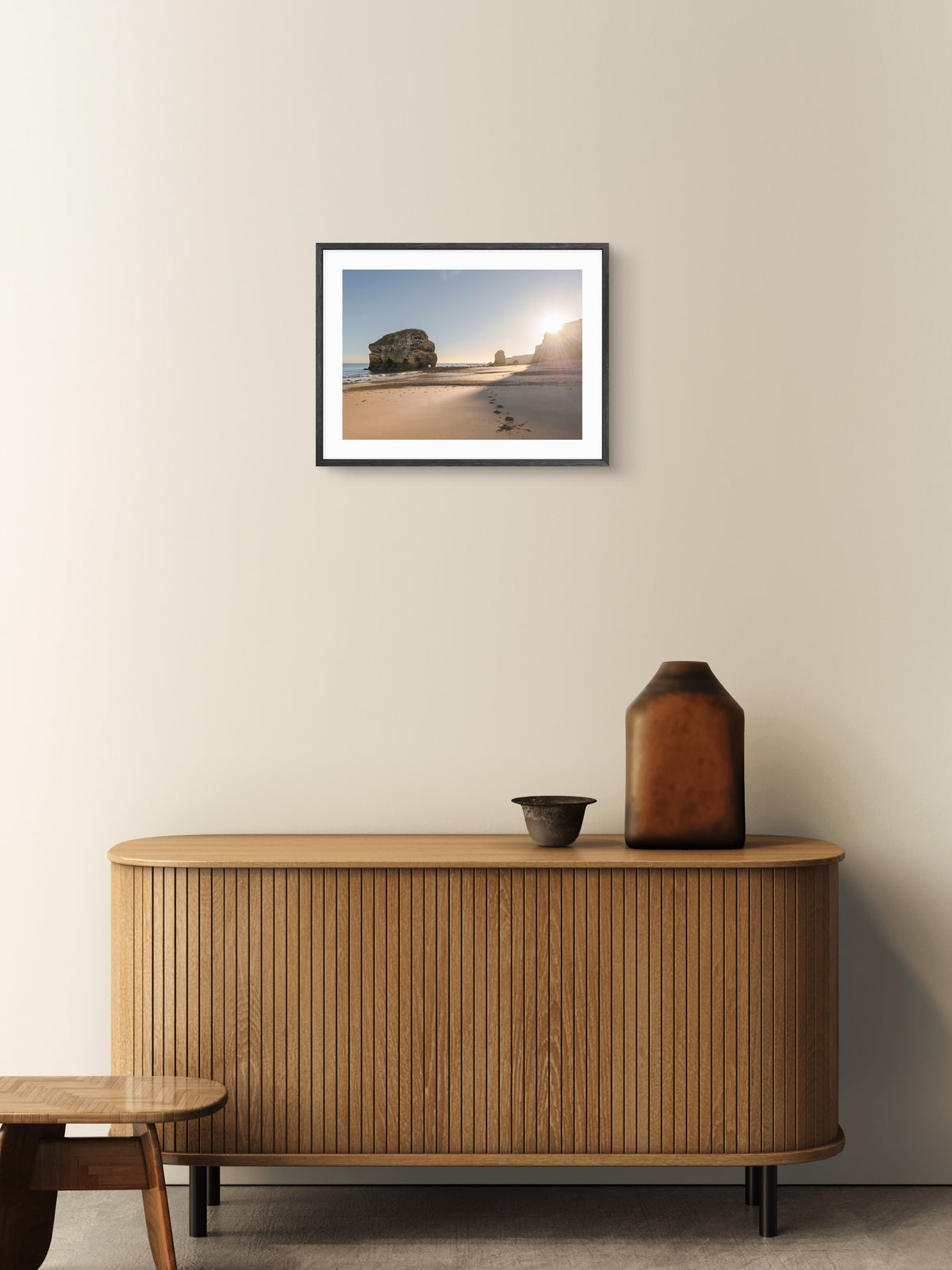 Marsden Rock and Beach - Sunrise - Marden - South Tyneside wall art displayed in a styled room setting.