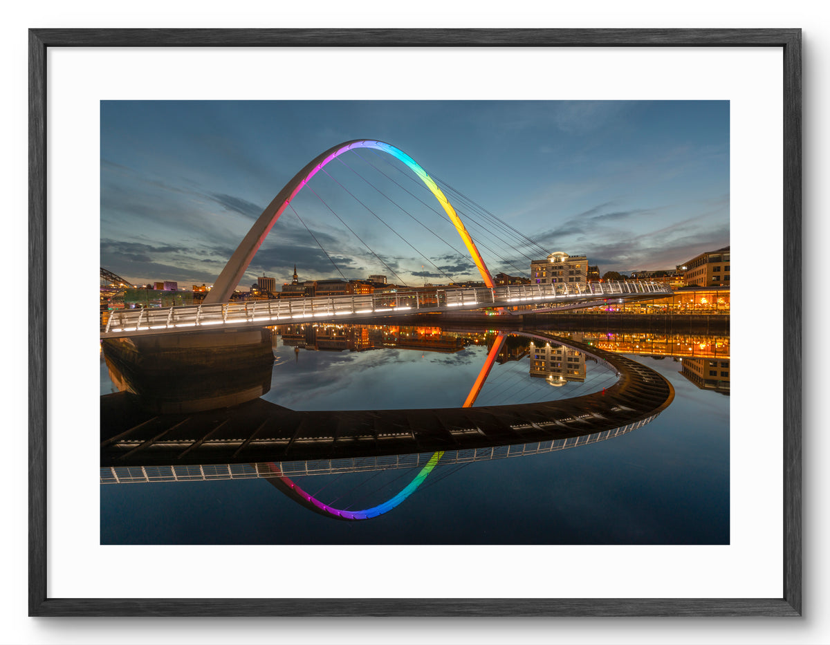 Millennium Bridge Gateshead - Rainbow Colours - Pride - NHS - Newcastle shown as a framed photographic print.