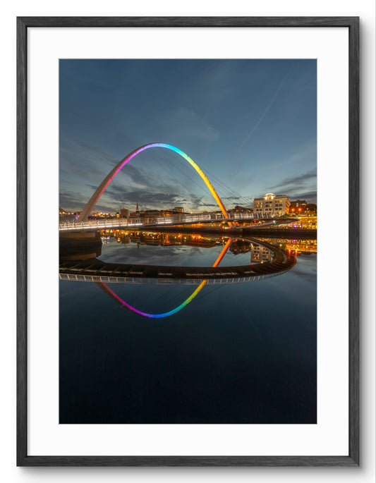 Millennium Bridge Gateshead - Pride Colours - Rainbow - Newcastle - Gateshead shown as a framed photographic print.