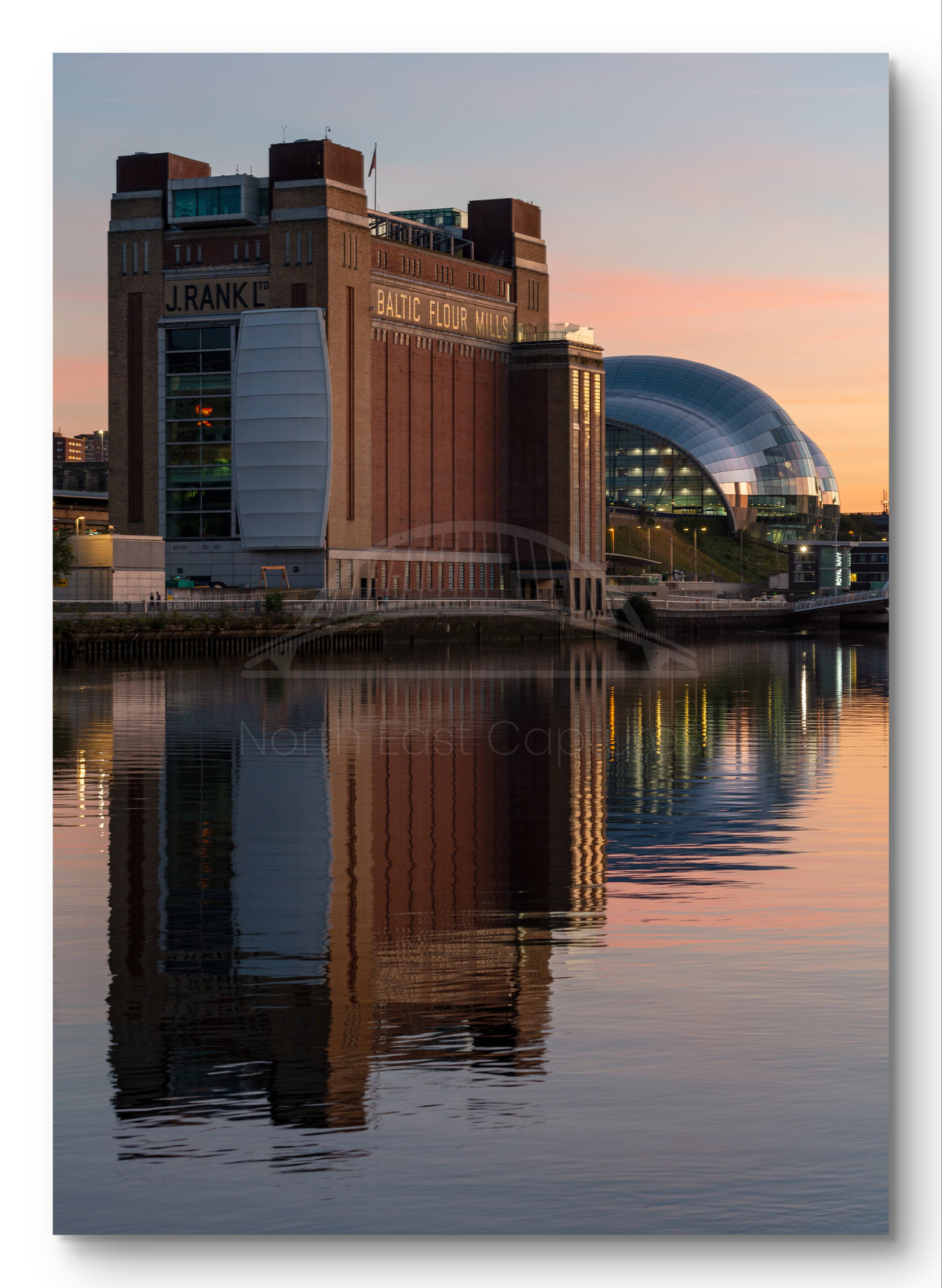 Canvas print of the Baltic Arts Centre, Glasshouse and River Tyne reflections in Gateshead.