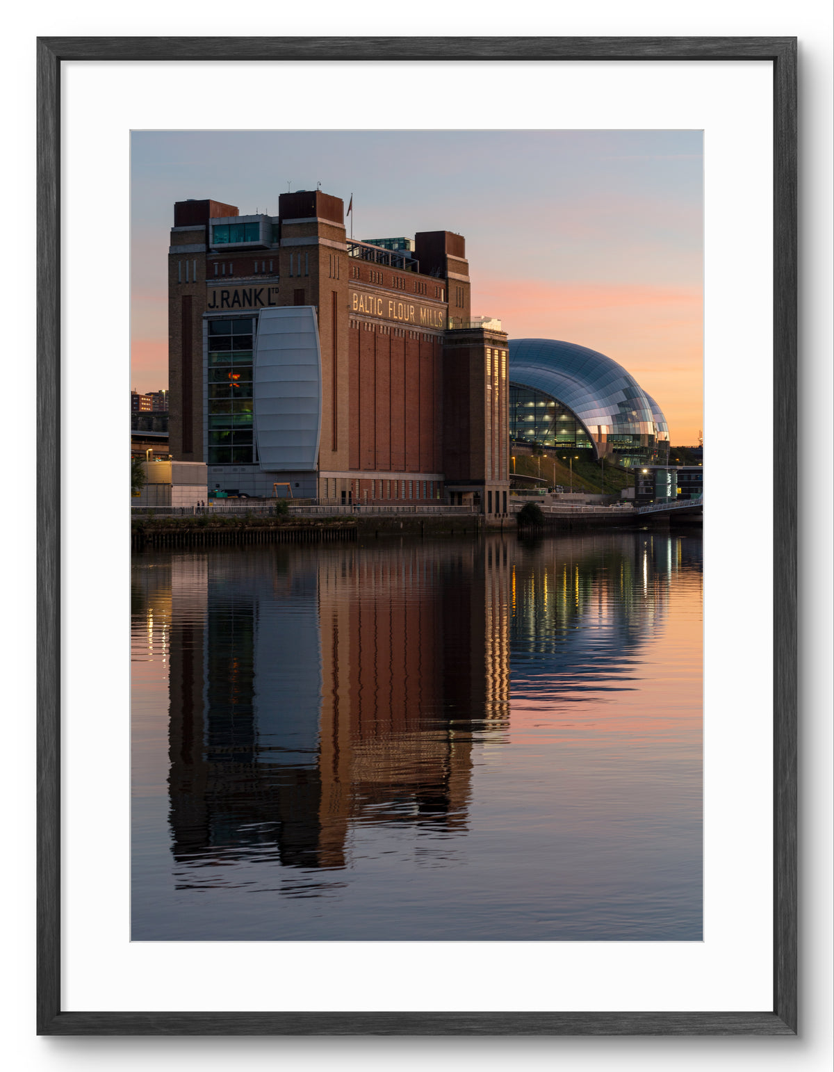 Framed print of the Baltic Arts Centre, Glasshouse and River Tyne reflections in Gateshead.