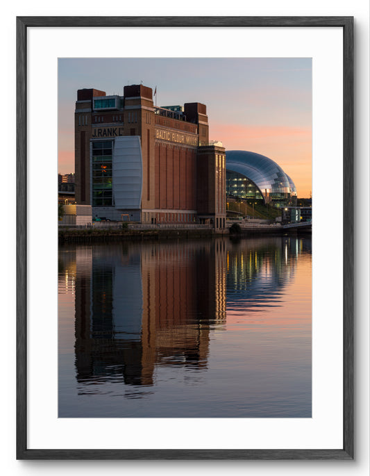 Framed print of the Baltic Arts Centre, Glasshouse and River Tyne reflections in Gateshead.