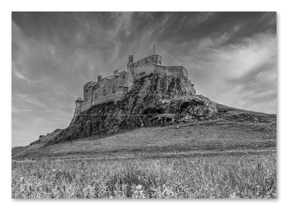 Lindisfarne Castle - Holy Island - Black and White - Northumberland shown as a canvas print.