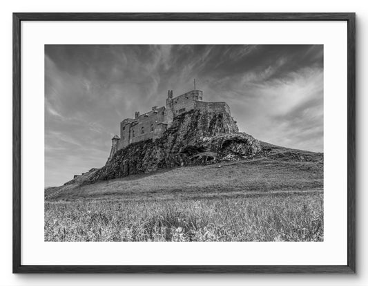 Lindisfarne Castle - Holy Island - Black and White - Northumberland shown as a framed photographic print.