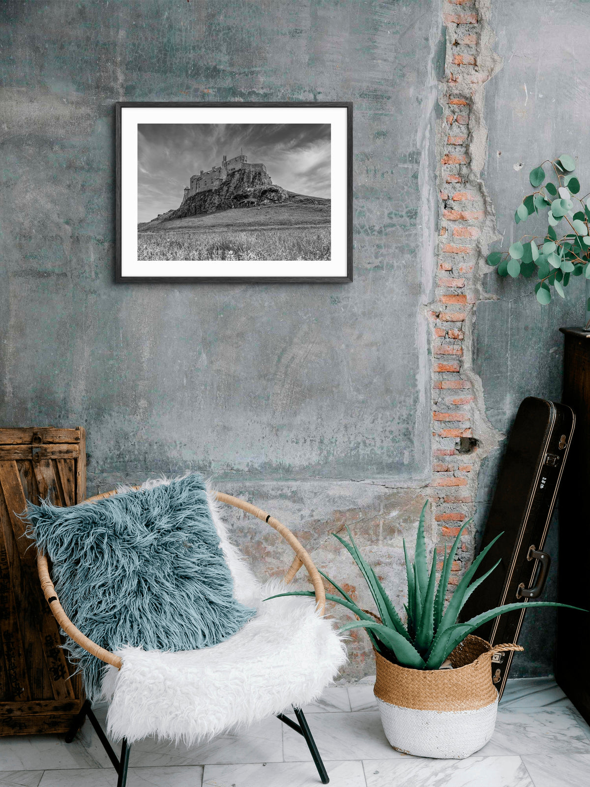 Lindisfarne Castle - Holy Island - Black and White - Northumberland wall art displayed in a styled room setting.