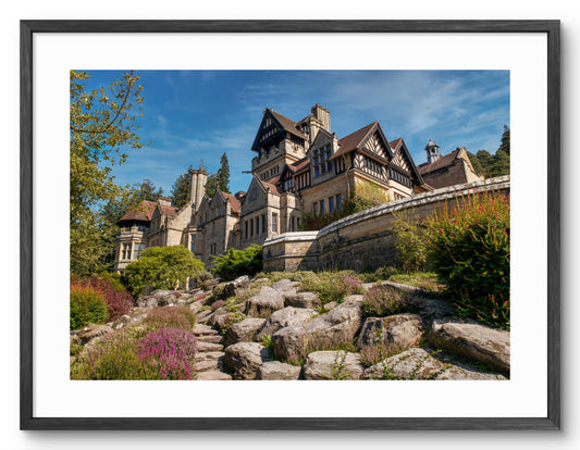 Cragside House at Rothbury in Northumberland shown as a framed photographic print.