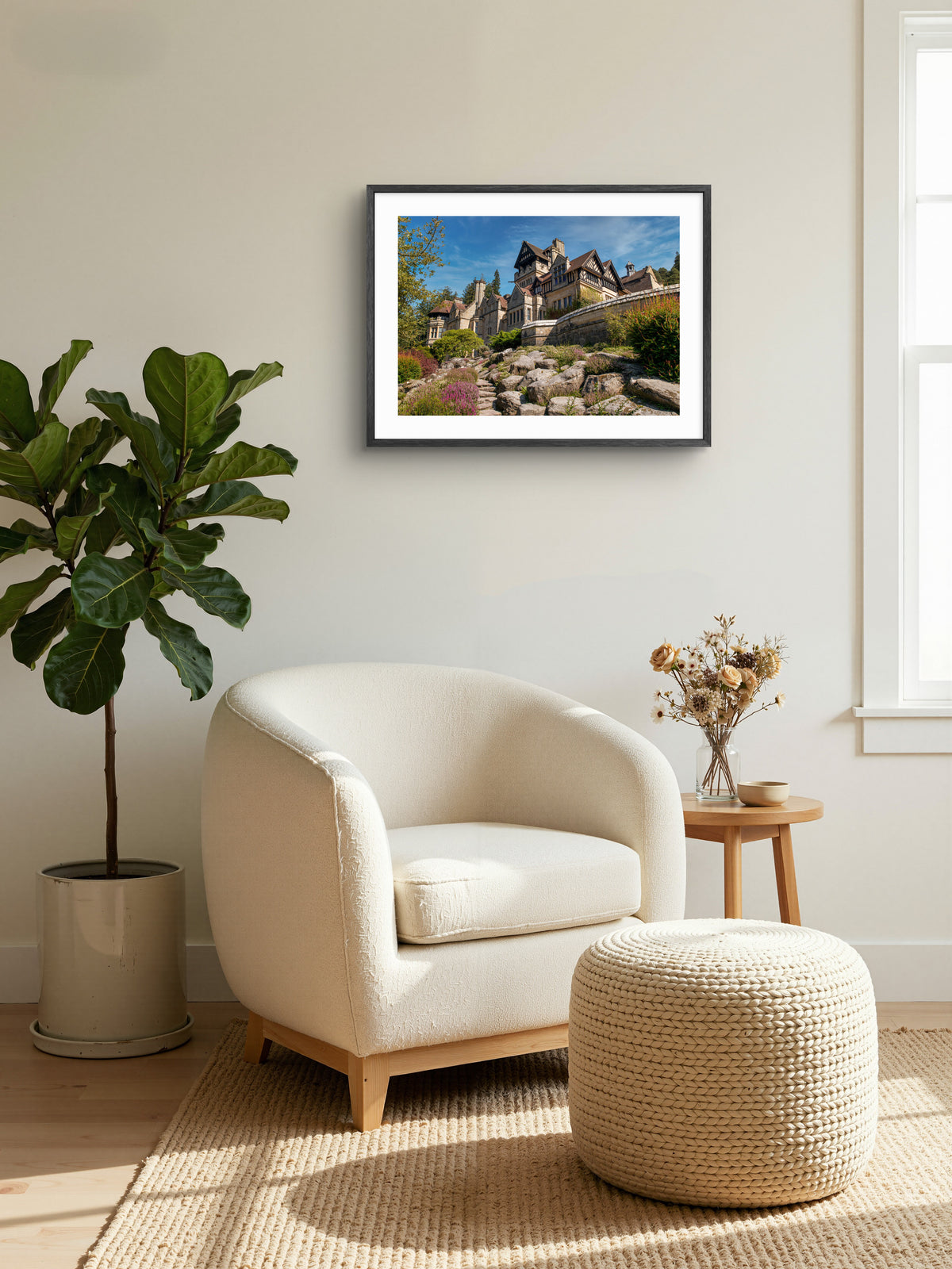 Cragside House at Rothbury in Northumberland wall art displayed in a styled room setting.