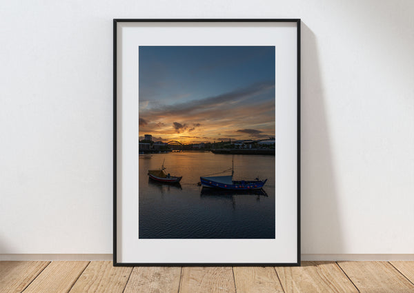 Wearmouth Bridge Sunset Print with boats on the Wear, Sunderland
