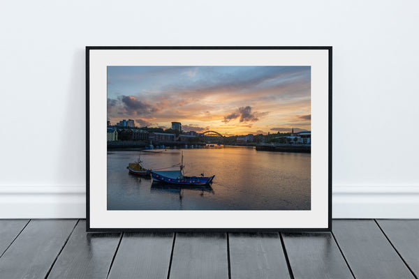 Wearmouth Bridge with boats on the Wear Sunset, Sunderland