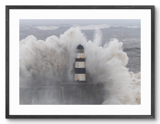 Seaham Pier and Lighthouse - Waves by Storm Babet - Seaham - County Durham shown as a framed photographic print.