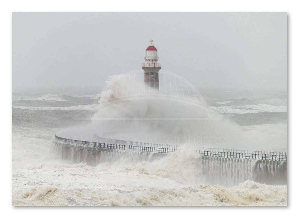 Roker Pier Lighthouse - Storm Babet Waves - Sunderland shown as a canvas print.