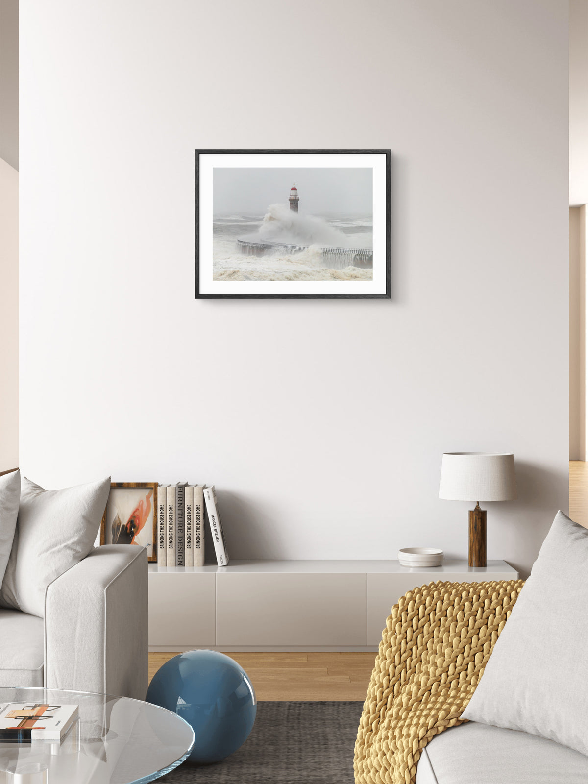 Roker Pier Lighthouse - Storm Babet Waves - Sunderland wall art displayed in a styled room setting.