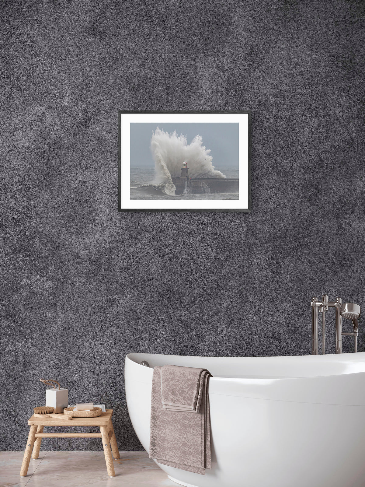 South Pier Waves - Storm Babet - South Shields wall art displayed in a styled room setting.