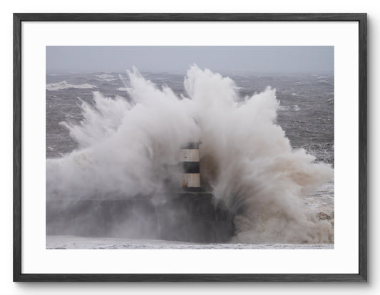 Seaham Lighthouse and Pier - Storm Babet Waves - Seaham - County Durham shown as a framed photographic print.