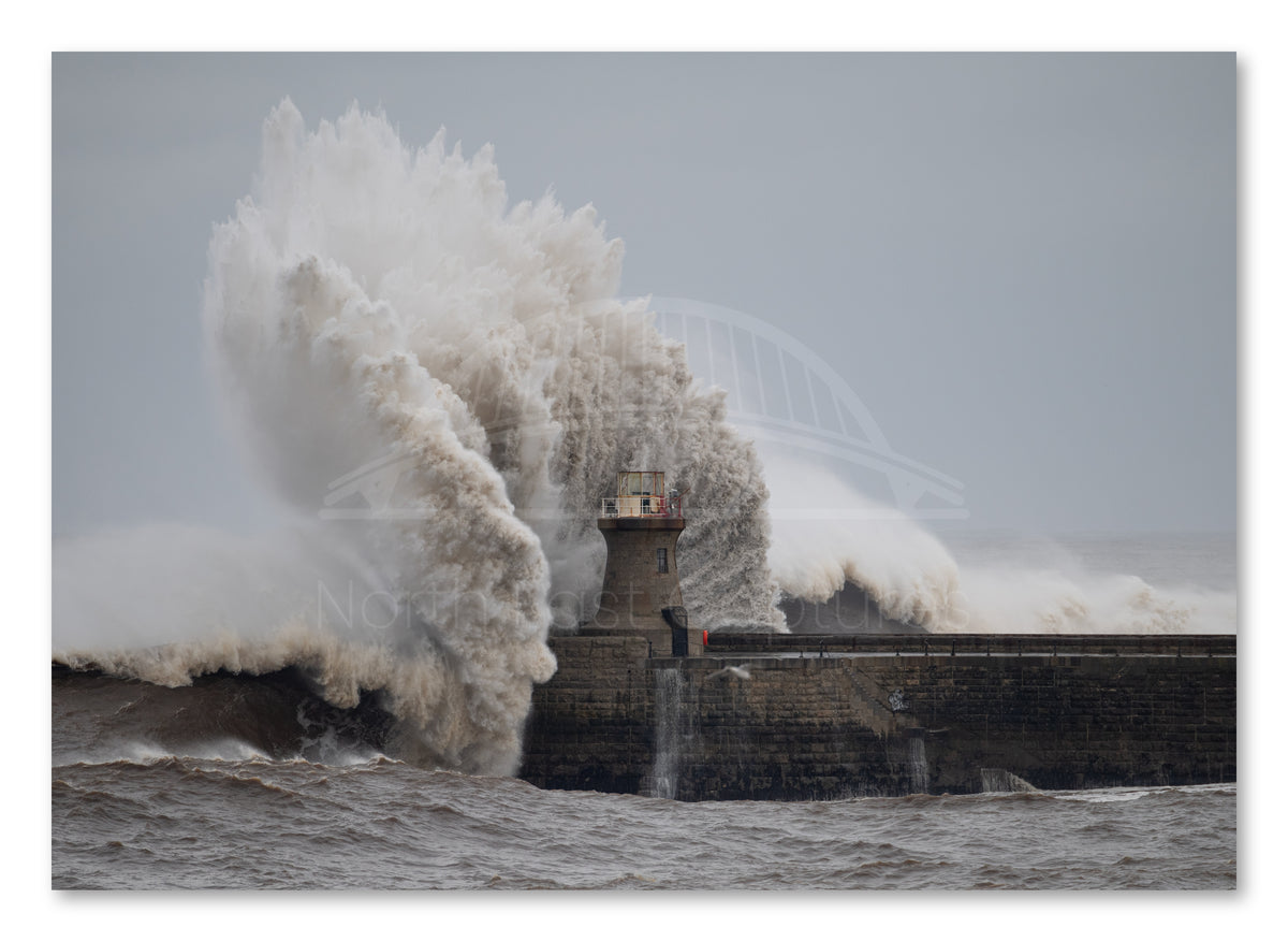 South Pier and Lighthouse - Storm Babet - South Shields shown as a canvas print.