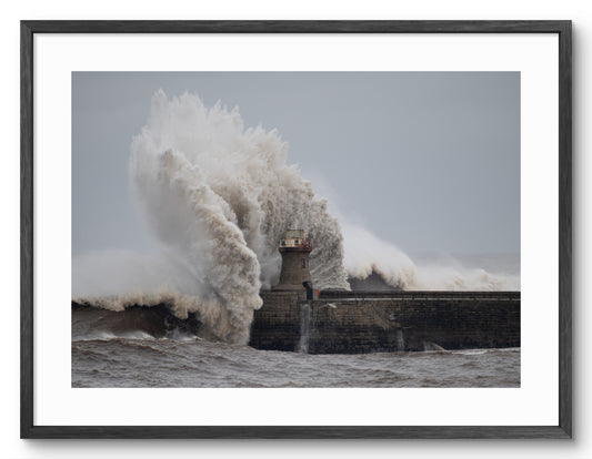 South Pier and Lighthouse - Storm Babet - South Shields shown as a framed photographic print.