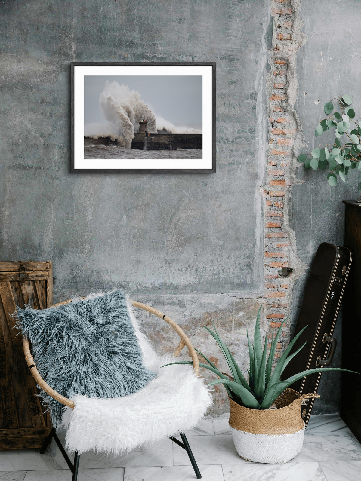 South Pier and Lighthouse - Storm Babet - South Shields wall art displayed in a styled room setting.