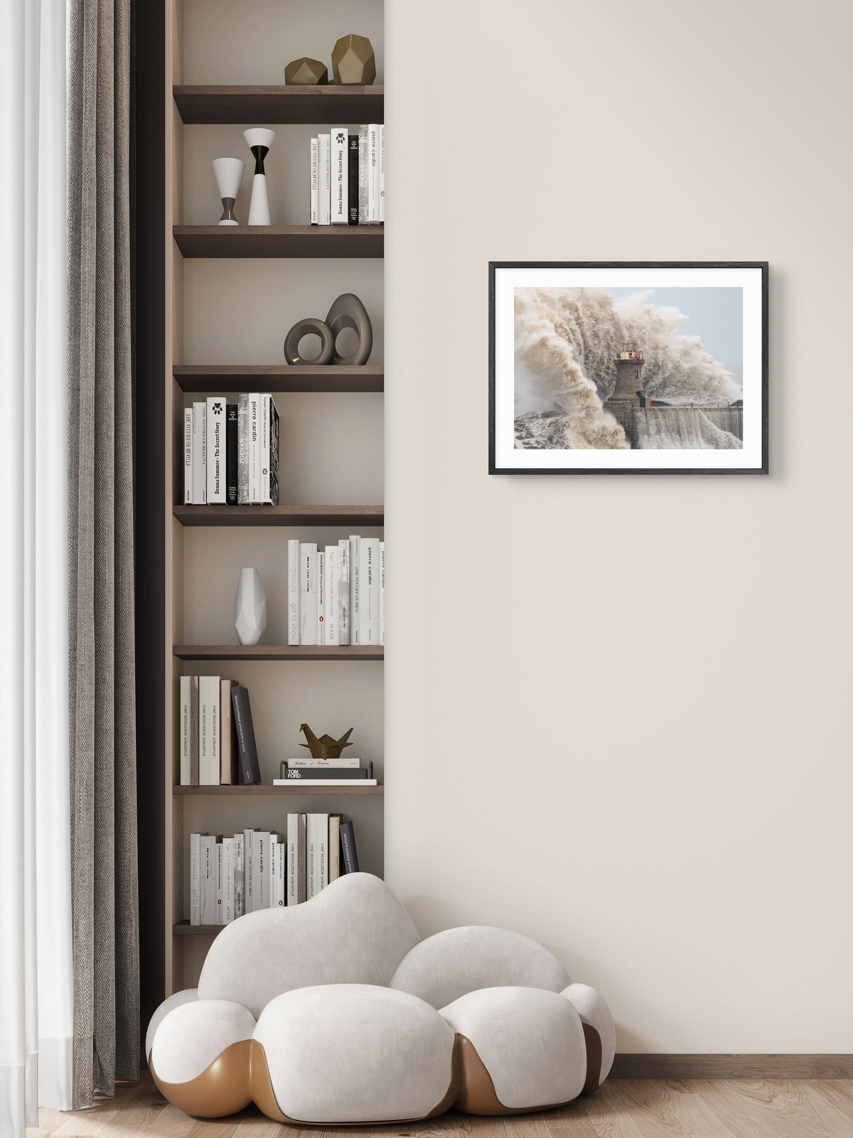 South Pier - Storm Babet Large Waves - South Shields wall art displayed in a styled room setting.