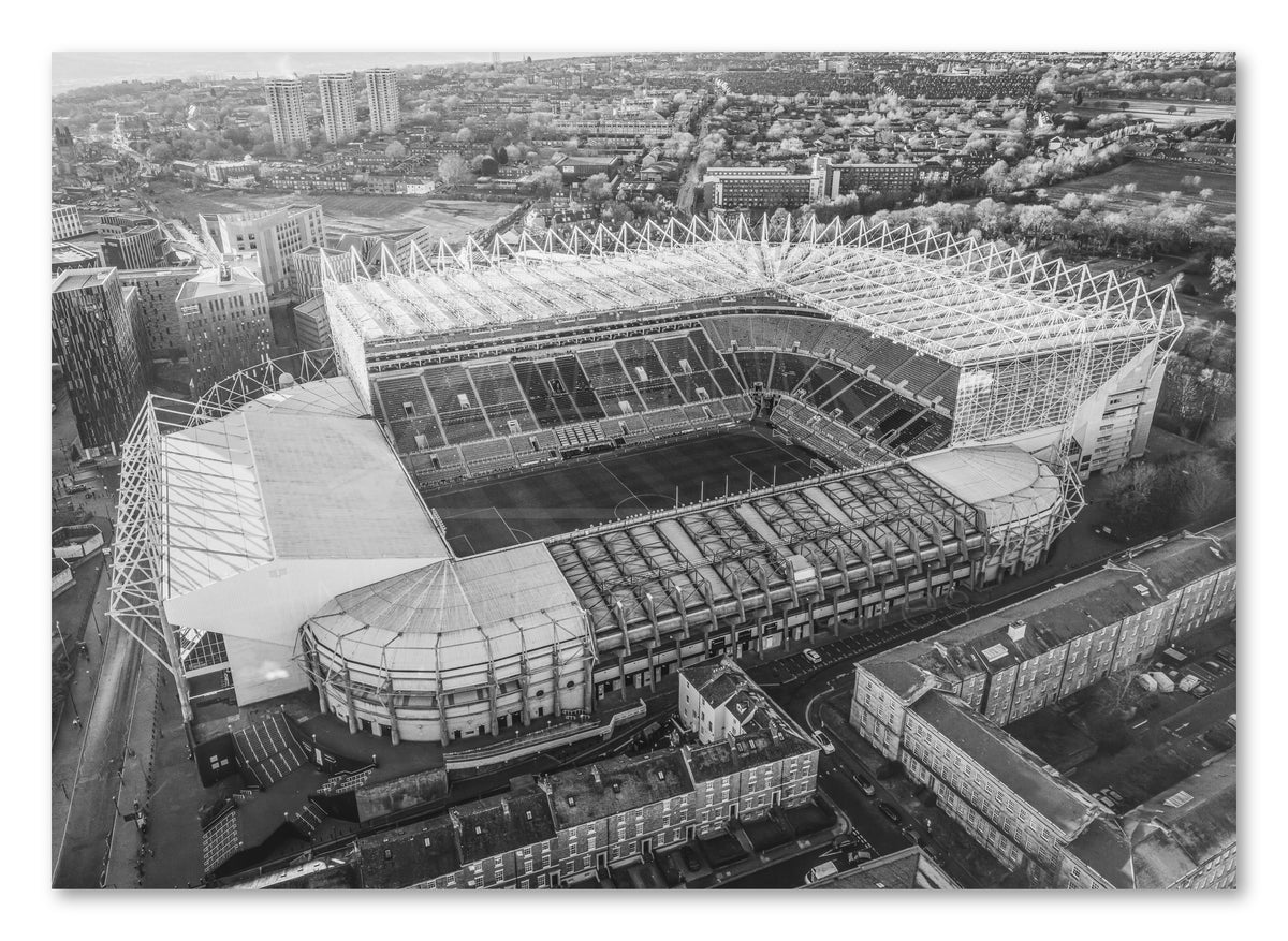 St James Park - Home of Newcastle United - Black and White shown as a canvas print.