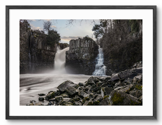 High Force Waterfall - Double Waterfall after Heavy Rain - County Durham shown as a framed photographic print.