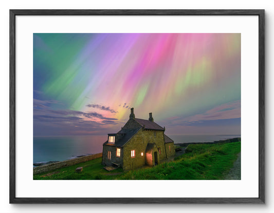 The Bathing House - Northern Lights - Howick - Northumberland shown as a framed photographic print.