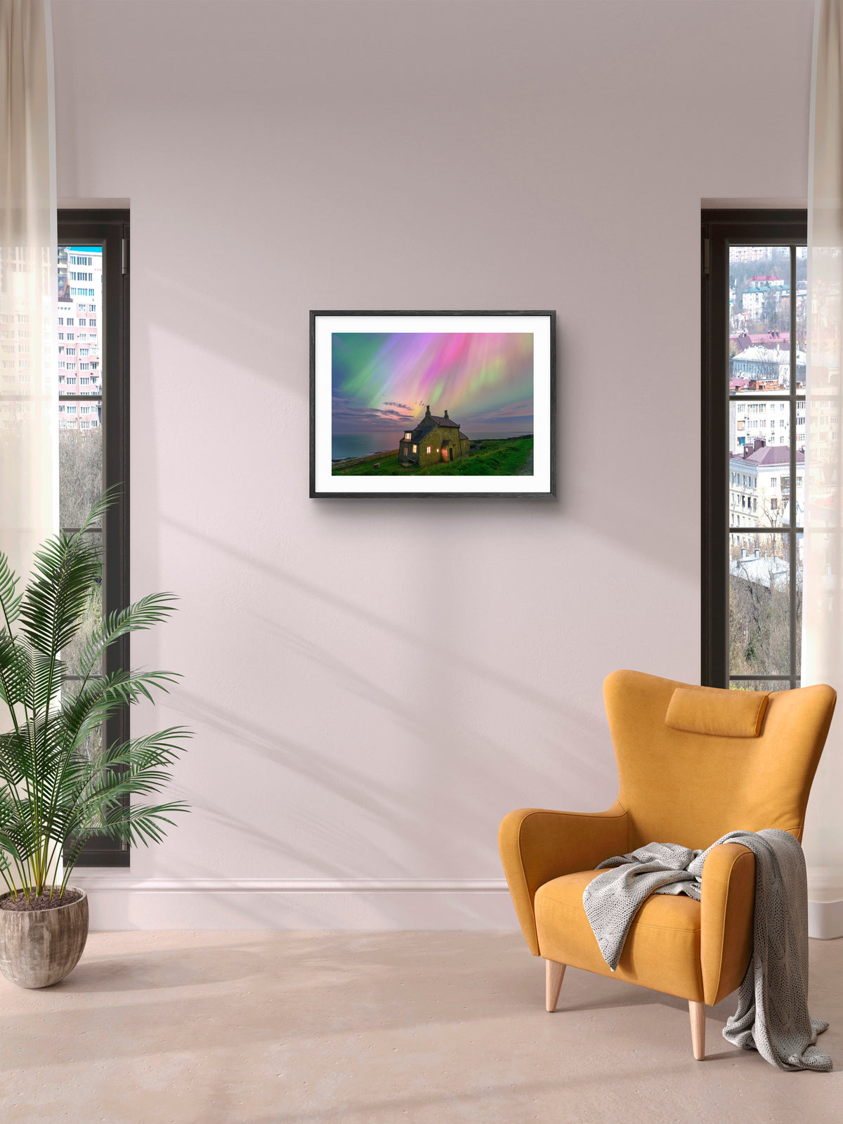 The Bathing House - Northern Lights - Howick - Northumberland wall art displayed in a styled room setting.